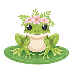 Happy Green Frog Wearing A Cute Flower Crown