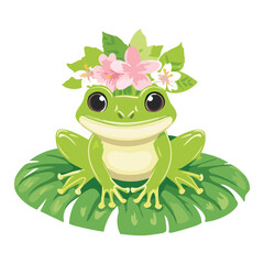 Cute Green Frog Wearing A Pink Flower Crown