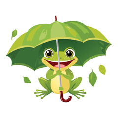 Cute Green Frog Under A Large Green Umbrella