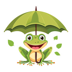 Cheerful Green Frog Holding A Large Green Umbrella