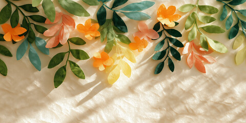 Delicate paper cut flowers and leaves arrangement on soft fabric