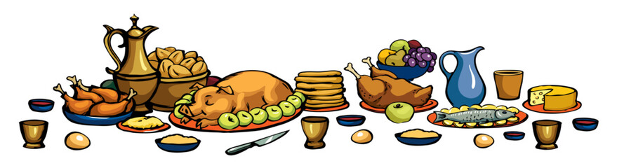 Vector drawing. Tasty food feast