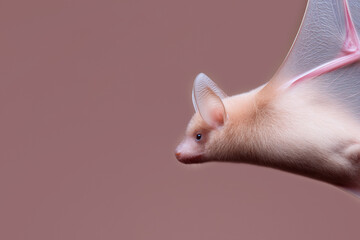 Unique close-up of a rare bat in flight against a soft backdrop