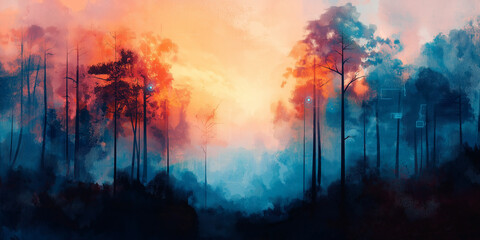 Dreamy forest at sunset artistic watercolor painting illustration