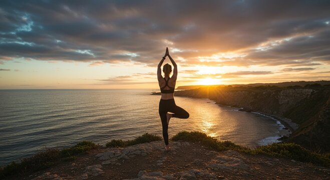 Yoga silhouette sunset ocean cliff - Powered by Adobe