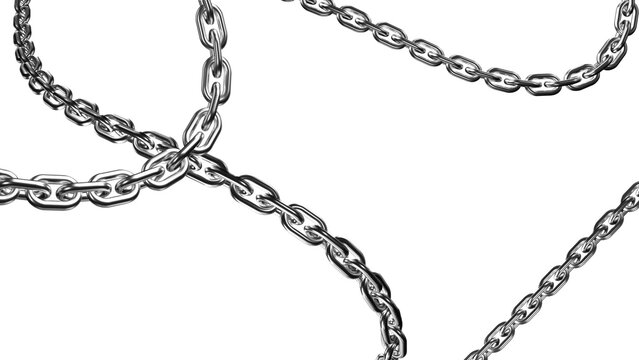 Gleaming metal chains cascade across a black backdrop, creating a stark yet elegant display of interconnected links and industrial strength, transparent background