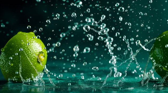 two fresh lime halves splashing in water, high speed macro photography, water droplets flying, crisp lighting, dark green background, vibrant green citrus fruit, refreshing.
