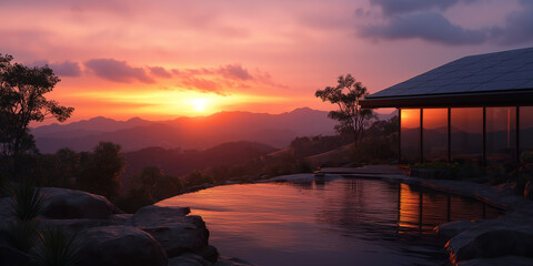 Luxurious sunset over mountain landscape reflected in infinity pool