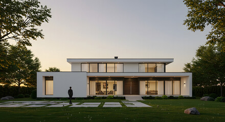 Modern Minimalist Two-Story House with Sunset Illumination
