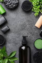 A flat lay of black skincare bottles, bowls of black and green seeds, smooth black stones, and green leaves on a textured gray surface.