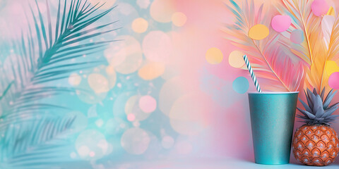 Tropical summer drink and decorative elements with bokeh background