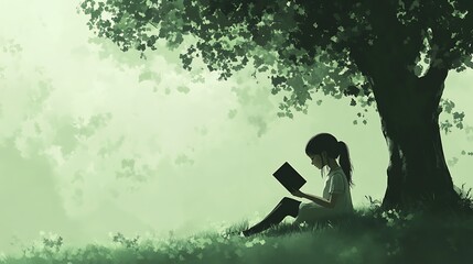 Girl reading a book under a tree in a dreamy green landscape