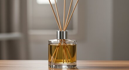 Elegant home fragrance reed diffuser on wooden table in minimalistic interior