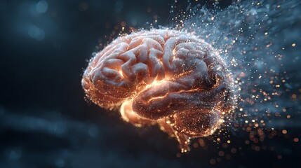A vibrant, illuminated brain with glowing sparks, showcasing creativity and innovation in an abstract, futuristic setting.