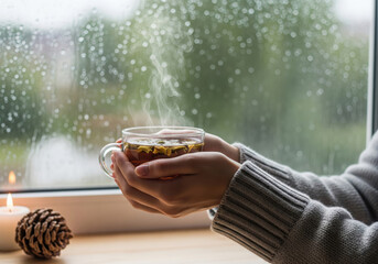 Cozy Steaming Tea in Hands by Rainy Window - Hygge Comfort

