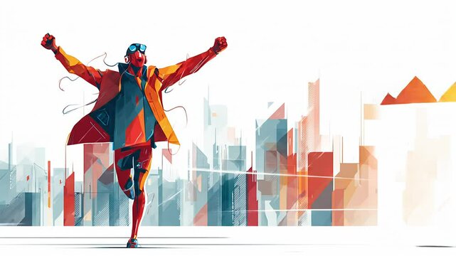 Runner celebrates victory, arms raised high against backdrop of cityscape