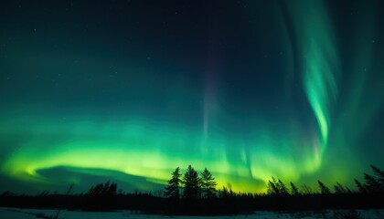 Vibrant aurora borealis display over a snow-covered forest
