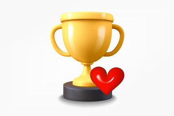 Golden trophy icon with red heart. New achievement concept. 3d vector icon