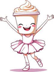 Coffee Cup Ballerina – Vector Illustration of Smiling Beverage Character in Pink Tutu and Ballet Shoesk