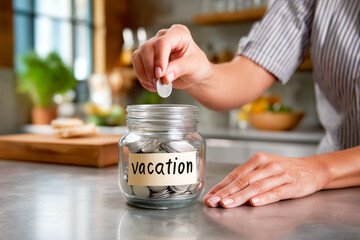 Hand placing coin into glass jar labeled vacation on kitchen countertop. Contemporary kitchen setting with fresh fruits and vegetables in the background
