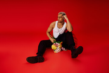 Trendy young man with dyed hair poses stylishly in a vivid red studio setting