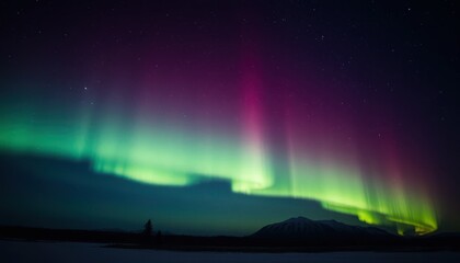 Vibrant aurora borealis display over a snowy landscape