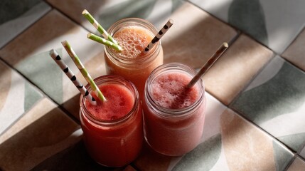 Three Colorful Fruit Smoothies in Mason Jars on Tiled Surface