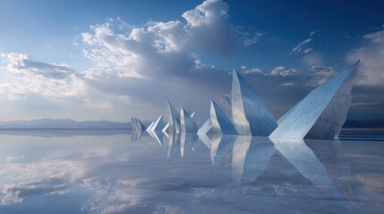 Geometric Ice Crystals Reflecting in Calm Water Under a Cloudy Sky