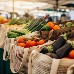 Fresh Organic Produce in Reusable Bags from Farmers Market