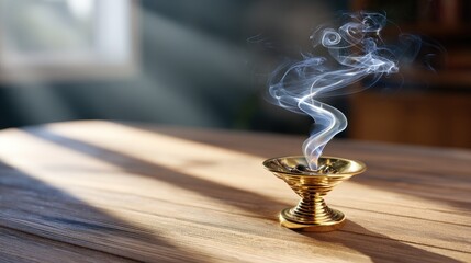 Golden Incense Bowl with Swirling Smoke on Wooden Table