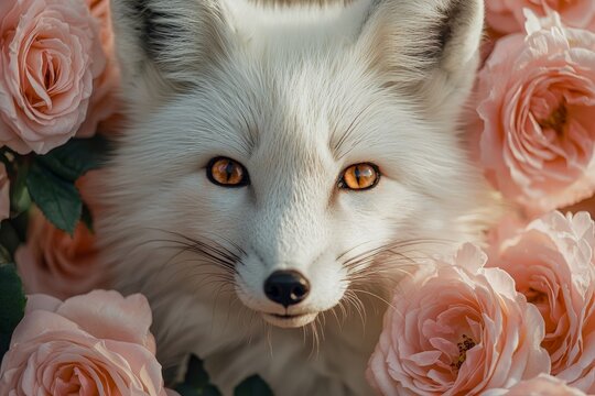 A beautiful white fox is in the middle of a field of pink roses. Generative AI Illustration