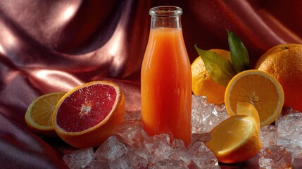 Refreshing Orange Juice Bottle with Ice and Citrus Fruits