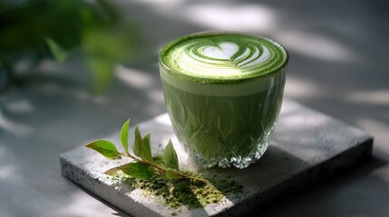 Matcha Latte with Heart Design in Glass Cup