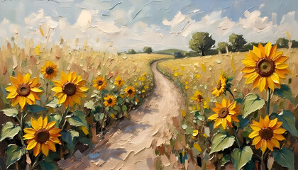 Sunflower field with country path, oil painting landscape with yellow flowers, high resolution printable art