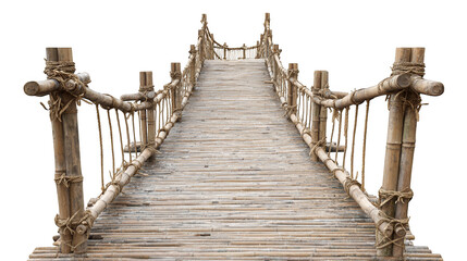 Obraz premium An adventurous bamboo bridge extends into the distance, showcasing rustic charm and craftsmanship against a clean transparent backdrop.