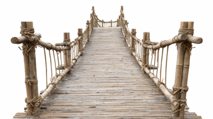 An adventurous bamboo bridge extends into the distance, showcasing rustic charm and craftsmanship against a clean transparent backdrop.