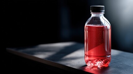 Red Liquid in a Clear Plastic Bottle on Dark Surface