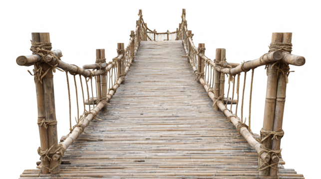 An adventurous bamboo bridge extends into the distance, showcasing rustic charm and craftsmanship against a clean transparent backdrop.