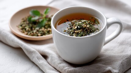 Herbal Tea in White Mug on Beige Fabric