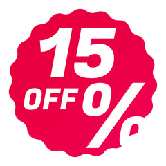 15% Off Round starbursts zigzag shape sales badge icon in red color, Shopping label concept for sales tags. Colorful flat design for app ads web button ui ux elements isolated on white background