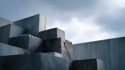 Gray Concrete Cubes Stacked Against a Wall Under an Overcast Sky