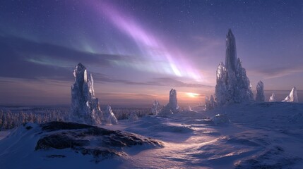 Fantasy Winter Landscape with Aurora Borealis