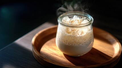 Creamy Frothy Hot Drink in Glass Jar on Wooden Tray