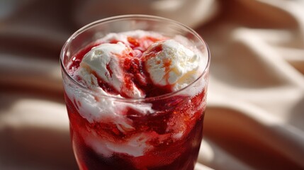 Close-Up of Red Dessert with Vanilla Ice Cream in Glass