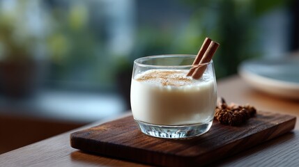 Creamy Eggnog in Glass with Cinnamon Sticks on Wooden Board