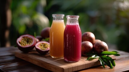Passion Fruit Juices in Glass Bottles on Wooden Board