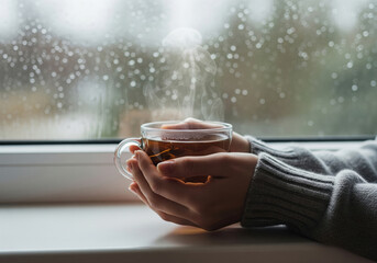 Hands Holding Steaming Tea by Rainy Window – Cozy Autumn/Winter Scene