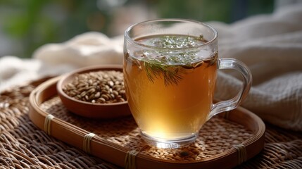 Golden Barley Tea in a Clear Mug on a Wicker Tray