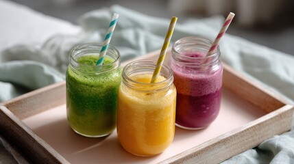 Three Colorful Smoothies in Mason Jars on Wooden Tray