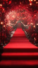 Enchanting crimson pathway adorned with glowing lights and vibrant floral decor in a serene nighttime setting